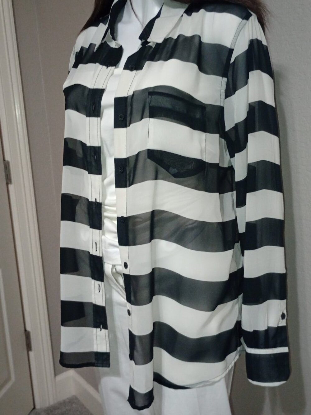 Banana Republic Black White Striped Sheer Button Front Blouse XL